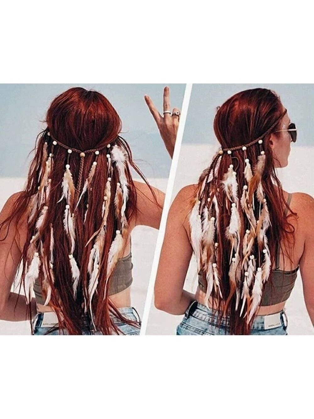 🆕 Bohemian Feather Hippie Hairband Indian Gypsy Headband White Brown Tassel NWT
